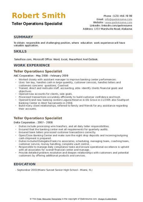 Video Teller Specialist Resume Sample .